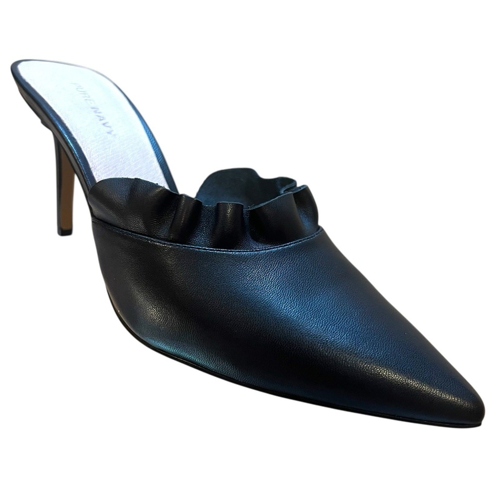Pure Navy Black Ruffle Women's High Heel Leather Casual Pumps Size 8